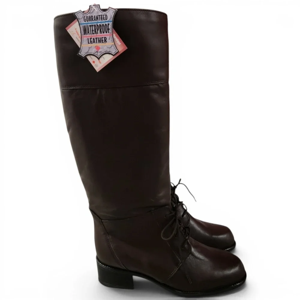 BLONDO Leather Knee High Riding Boots 6.5B Brown Lace-up Waterproof Canada NWT‎